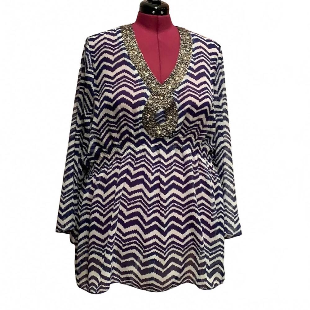 NEW ATTITUDES BY RENEE women's beaded sheer flowy blouse - plus in black